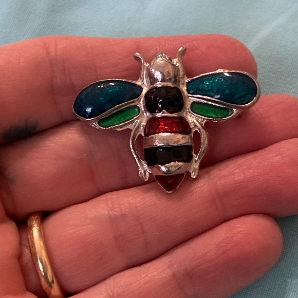 Vintage Silver Toned Multicolor Bee Brooch - Picture 2 of 4